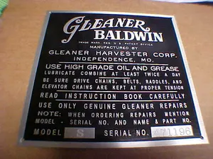 Custom Made or Original Data Plate RESTORATION  SERVICE Gleaner Baldwin